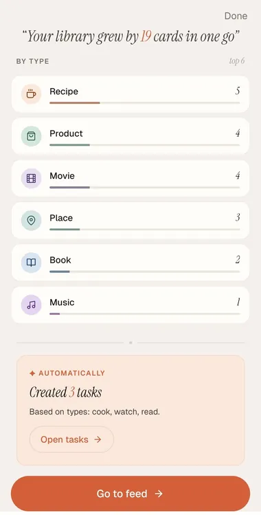 The end of an import in Snixt: cards counted by type, with tasks created automatically