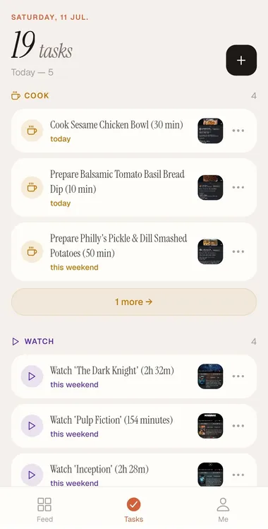 Screenshots turned into tasks in Snixt, grouped into Cook and Watch